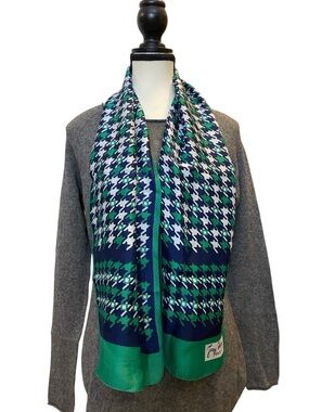 Vintage Jean Dauy Paris Navy, Green & White Houndstooth Scarf 11” x 52”